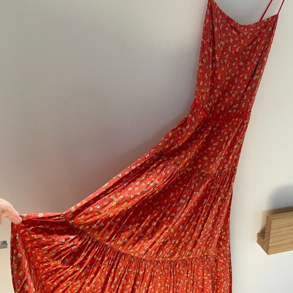 Urban Outfitters UO Sparks Fly Tiered Midi Dress Red Orange Lace Up Back Size M - Picture 5 of 8